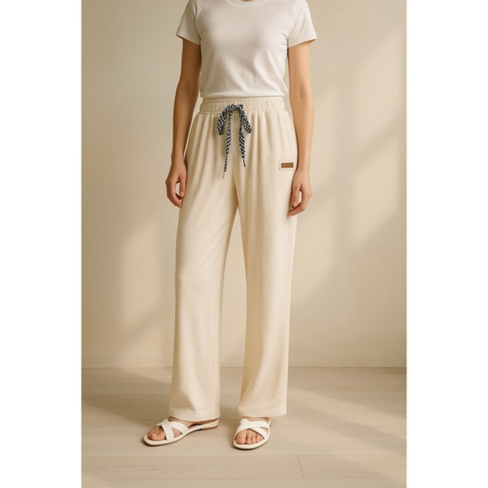 Pants Women Spring Solid Simple High Waist Drawstring‎ White new